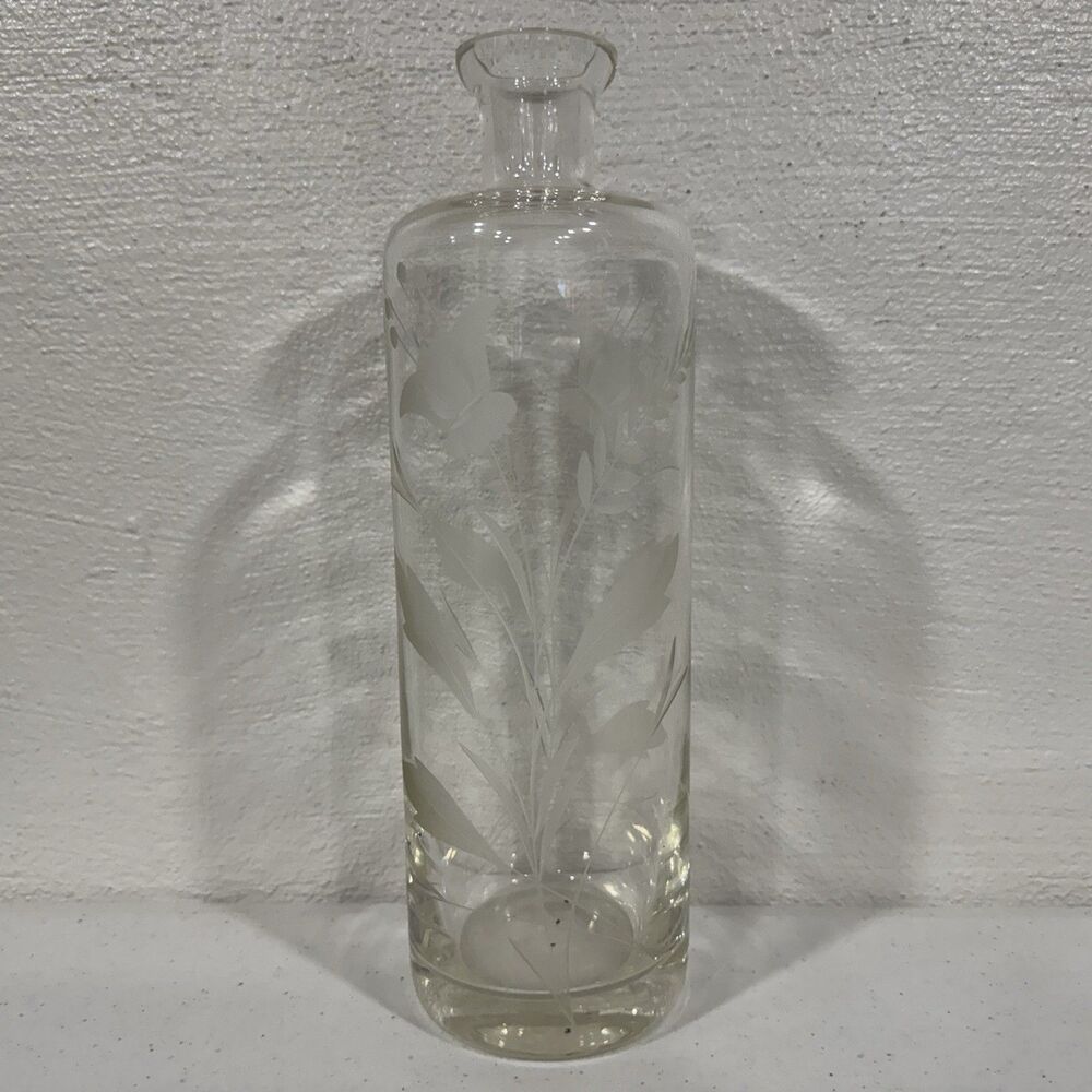 Vintage Etched Clear Glass Bottle Decanter Wheat Floral Pattern Antique Barware